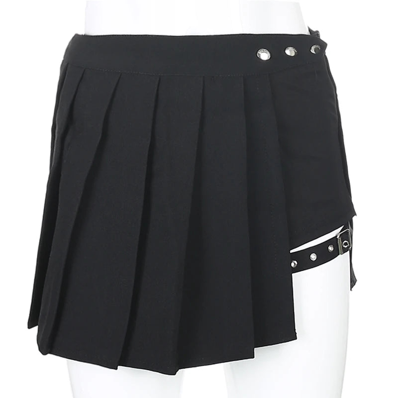 Pleated Girls Gothic Half Skirts for Women Asymmetrical High Waist Black Skirts