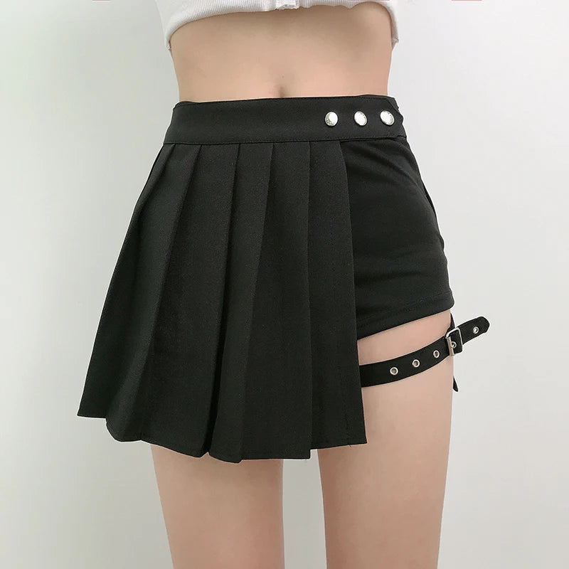 Pleated Girls Gothic Half Skirts for Women Asymmetrical High Waist Black Skirts