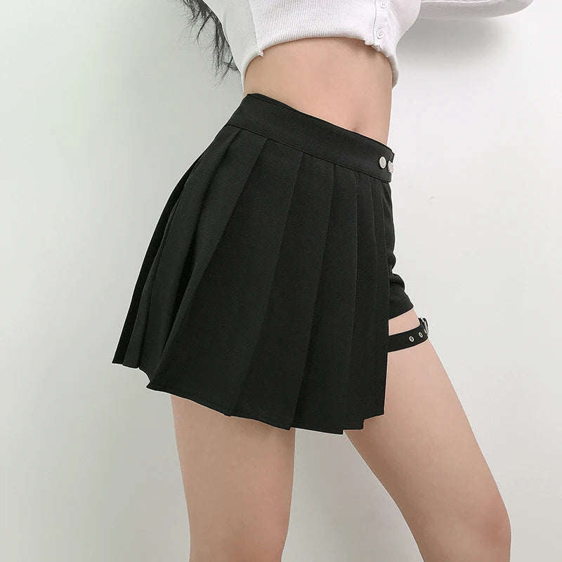 Pleated Girls Gothic Half Skirts for Women Asymmetrical High Waist Black Skirts