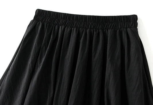 Solid Color A-line Skirt Mid Length Elastic High Waist Skirts for Women