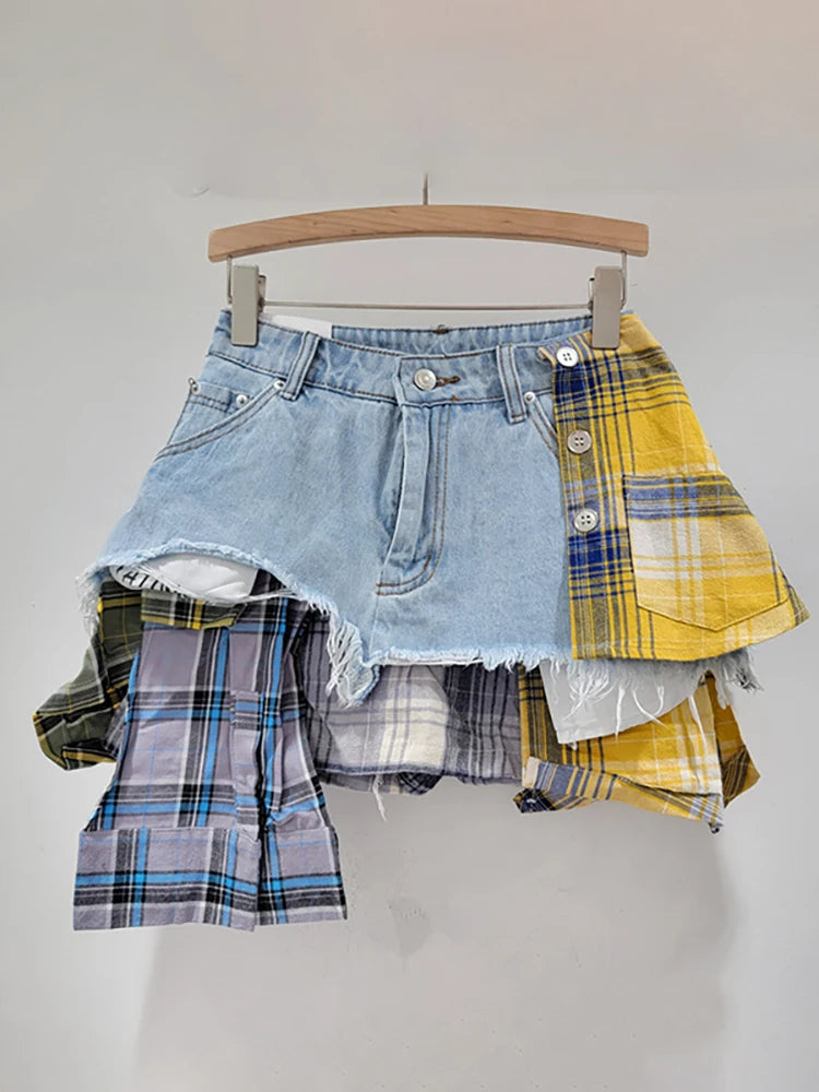 Coloured Plaid Patchwork Skirt for Women