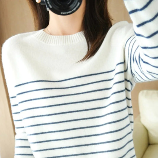 Cotton Knitted Sweater Women's Sweater Striped Colour Matching Round Neck