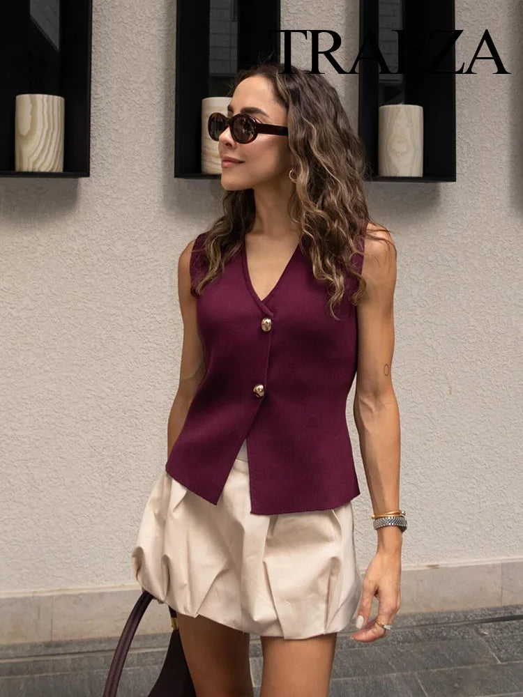 V-Neck Sleeveless Gold Button Vest for Women