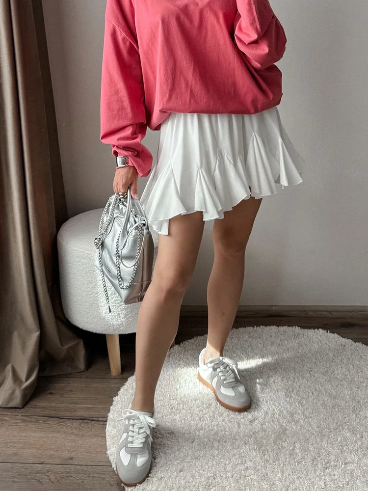 White Ruffle Mini Skirt With Shorts For Women