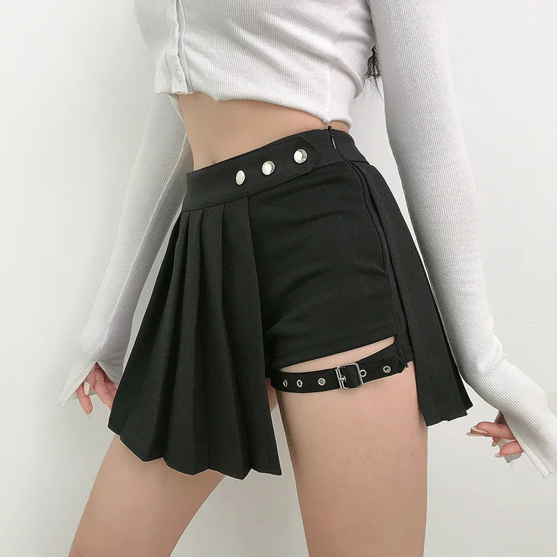 Pleated Girls Gothic Half Skirts for Women Asymmetrical High Waist Black Skirts