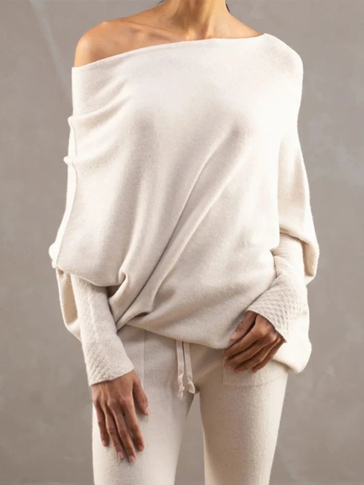 Ribbed Knit Jumper Asymmetric Draped for Women